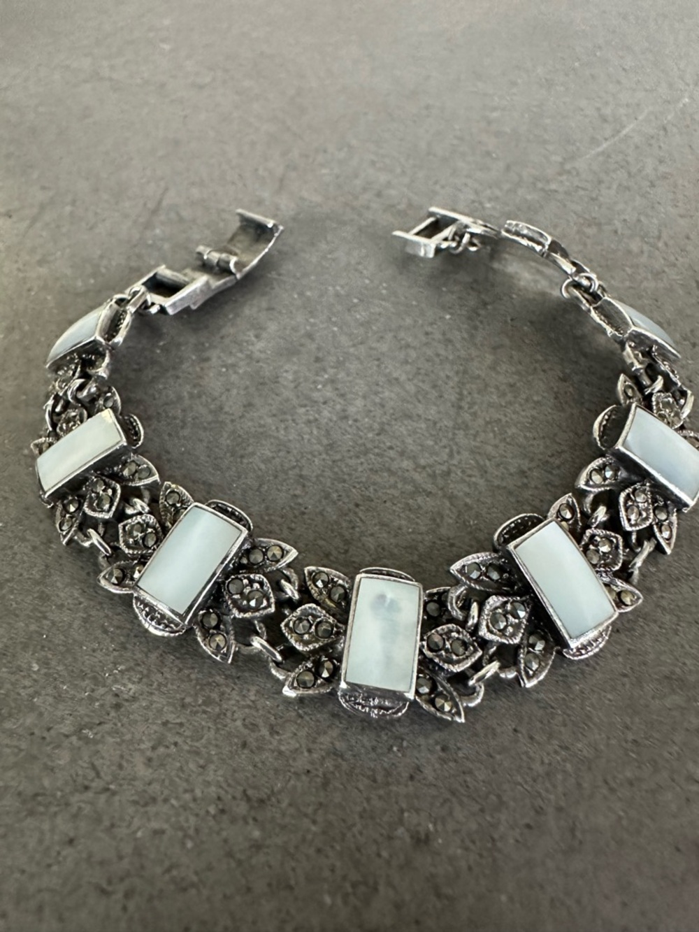Vintage Sterling Silver Mother of Pearl and Marcasite Bracelet